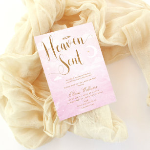 Heaven Sent Baby Shower Pink and Gold  Invitation