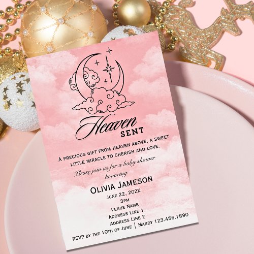 Heaven Sent Baby Shower Pink Moon Stars Invitation