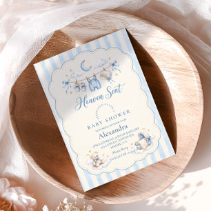 Heaven Sent Blue Clothesline Baby Shower Invitation