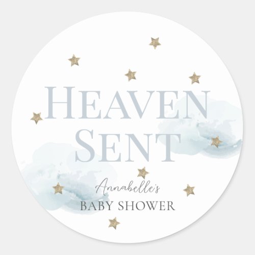 Heaven Sent Blue Cloud Boy Baby Shower Classic Round Sticker