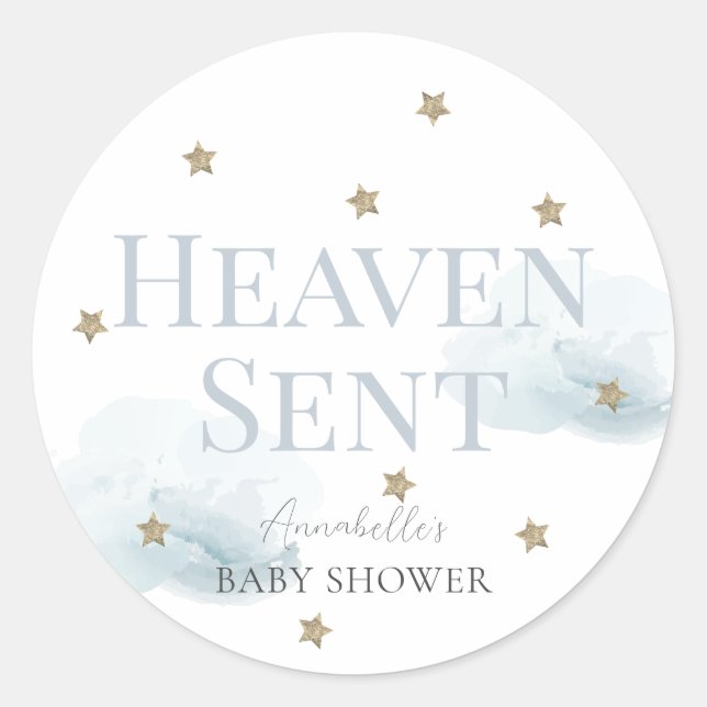 Heaven Sent Blue Cloud Boy Baby Shower Classic Round Sticker (Front)
