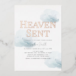 Heaven Sent Blue Cloud Boy Baby Shower Foil Invitation