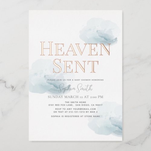 Heaven Sent Blue Cloud Boy Baby Shower Foil Invitation