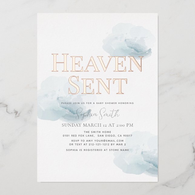 Heaven Sent Blue Cloud Boy Baby Shower Foil Invitation (Front)