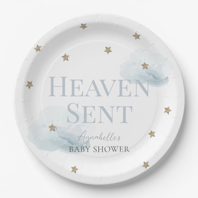 Heaven Sent Blue Cloud Boy Baby Shower Paper Plates (Front)
