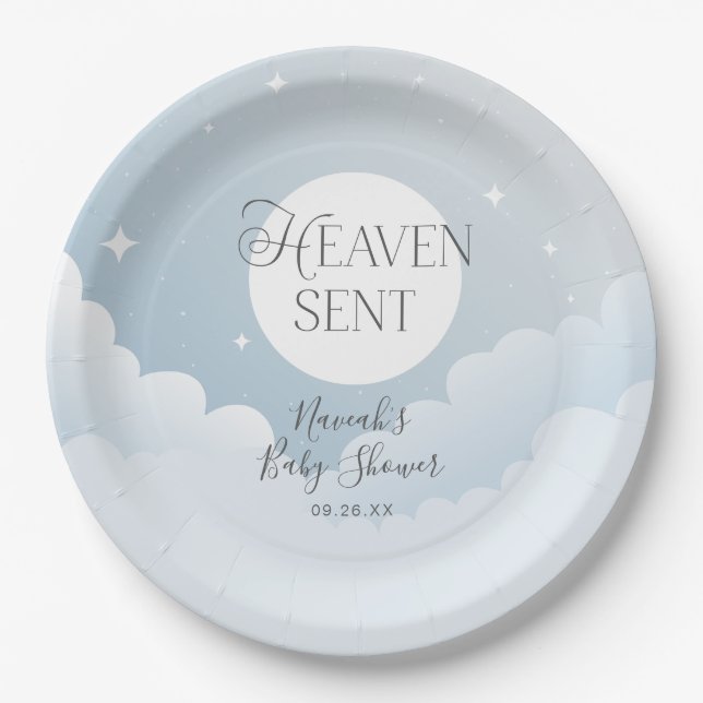 Heaven Sent Blue Clouds Baby Shower Paper Plates (Front)