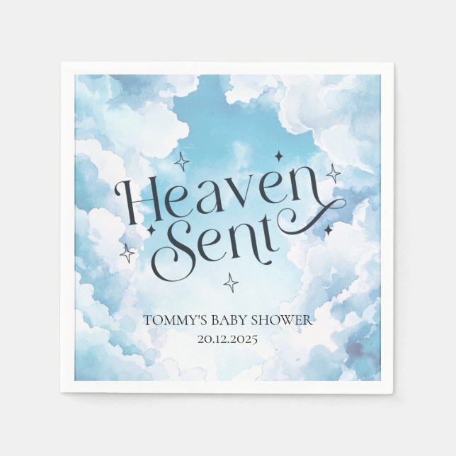 Heaven Sent Blue Clouds Custom Name Baby Shower  Napkins (Front)
