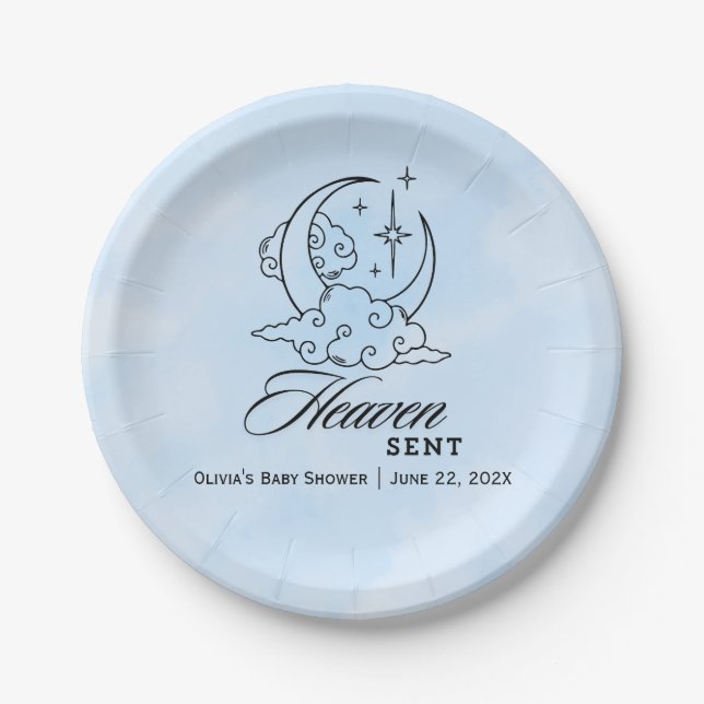  Heaven Sent Blue Moon Stars Baby Shower Paper Plates (Front)