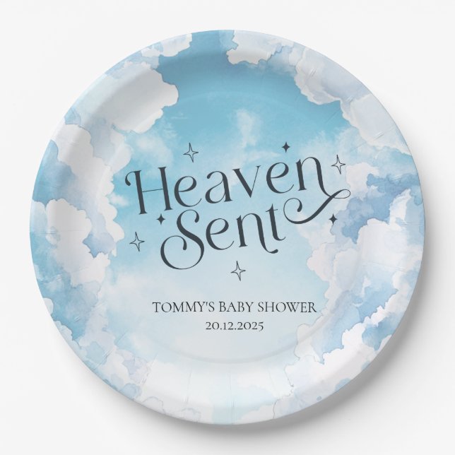 Heaven Sent Blue Sky Clouds Baby Shower Custom Paper Plates (Front)