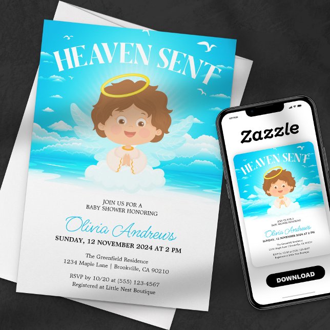 Heaven Sent Boy Cute Angel Blue Baby Shower Invitation (Creator Uploaded)