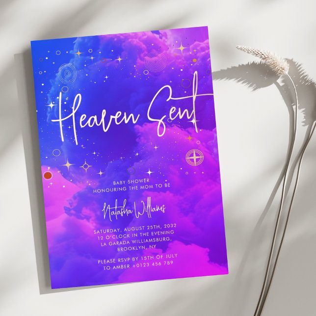 Heaven Sent Celestial Pink and Blue Baby Shower Foil Invitation (Creator Uploaded)