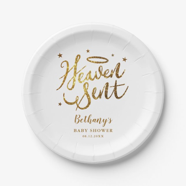 Heaven Sent Christian Theme Baby Shower Gold Paper Plates (Front)