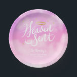 Heaven Sent Christian Theme Baby Shower Pink Paper Plates<br><div class="desc">Sweet Christian or angel theme baby shower paper plate featuring pink and purple sky with whimsical cloud and faux gold stars. The text says "Heaven Sent" in hand written script font. There is a gold halo above the text. Customize this product by adding your own baby shower information.</div>