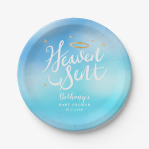 Heaven Sent Christian Theme Blue Baby Shower Paper Plates