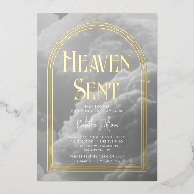 Heaven Sent Clouds Golden Neutral Baby Shower  Foil Invitation (Front)
