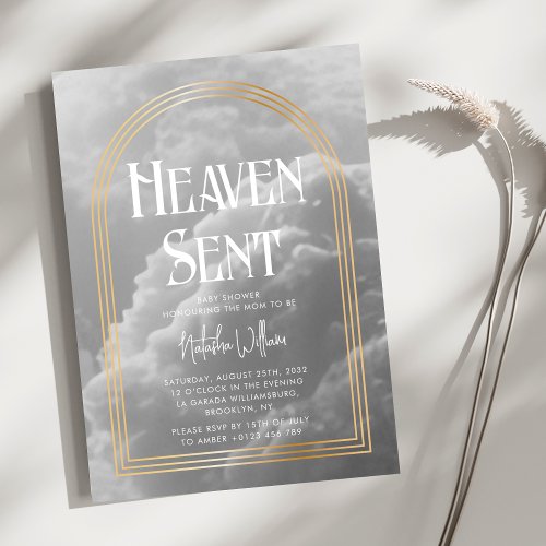 Heaven Sent Clouds Golden Neutral Baby Shower  Invitation