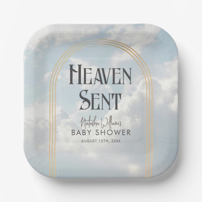 Heaven Sent Clouds Sky Boho Arch Baby Shower Paper Plates (Front)