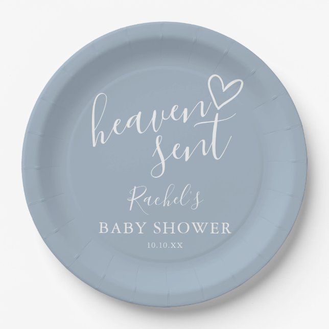 Heaven Sent Dusty Blue Boy Baby Shower Paper Plates (Front)
