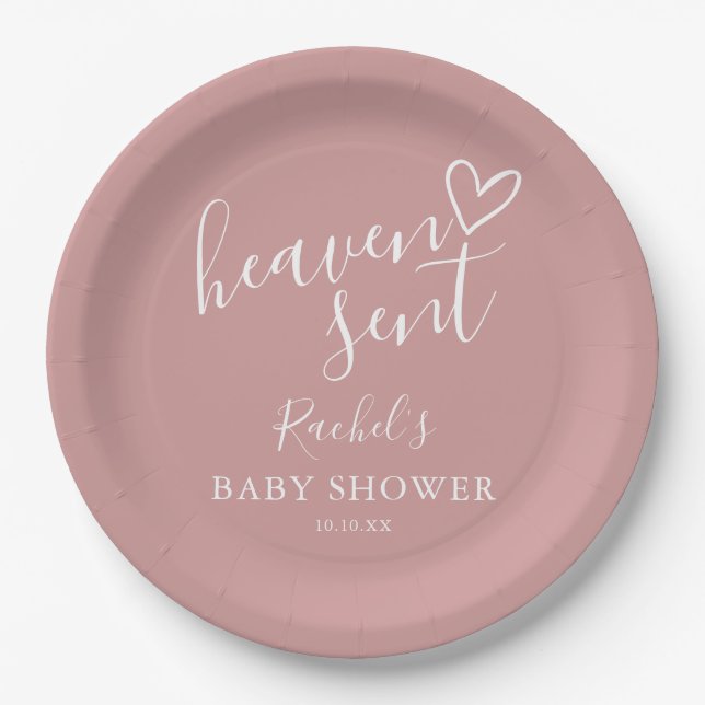 Heaven Sent Dusty Rose Pink Girl Baby Shower Paper Plates (Front)
