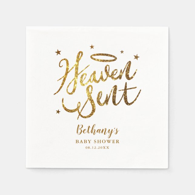 Heaven Sent Elegant Baby Shower Gold Glitter Napkins (Front)