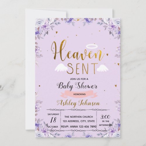 Heaven sent girl purple invitation