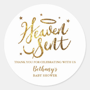 Heaven Sent Gold Glitter Baby Shower Favor Classic Round Sticker