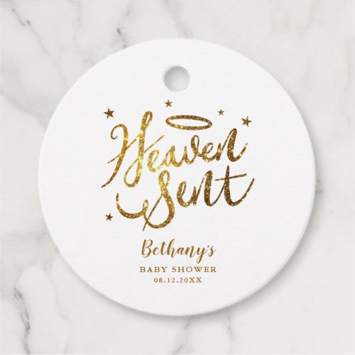 Heaven Sent Gold Halo Baby Shower Gold Glitter Favor Tags
