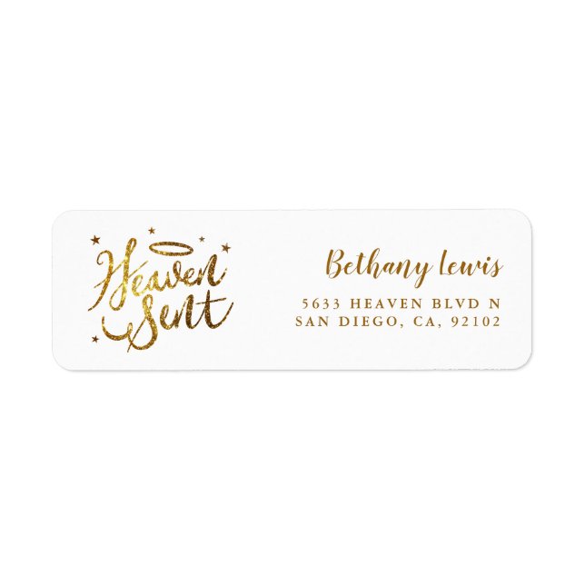 Heaven Sent Gold White Baby Shower Return Address Label (Front)