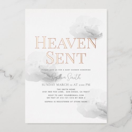 Heaven Sent Gray Cloud Gender_neutral Baby Shower Foil Invitation
