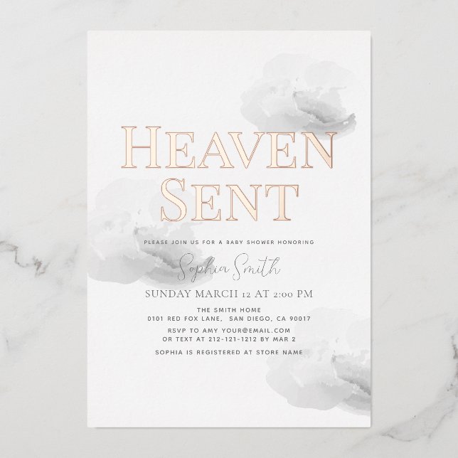 Heaven Sent Gray Cloud Gender-neutral Baby Shower Foil Invitation (Front)