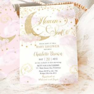 Heaven Sent Moon and Stars Pink Gold Baby Shower Invitation