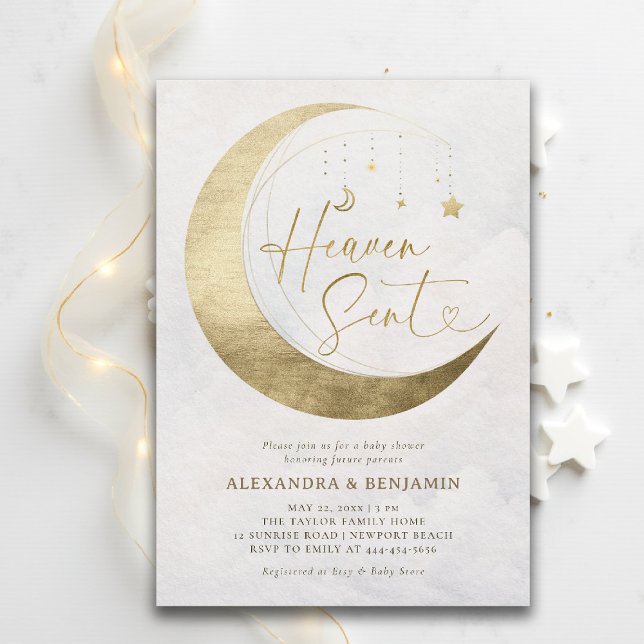 Heaven Sent Moon Gold White Sky Coed Baby Shower Invitation (baby shower invitation heaven sent moon stars sky white gold neutral coed jack jill)