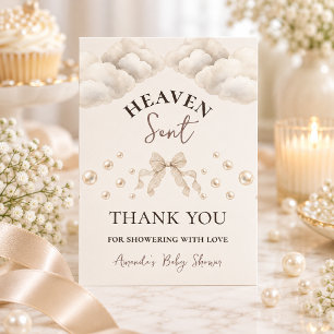 Heaven Sent Neutral Clouds Pearl Bow Baby Shower Thank You Card