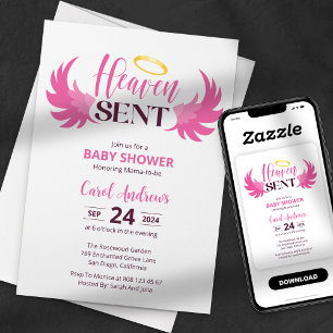Heaven Sent Pink Angel Wings Baby Shower Invitation