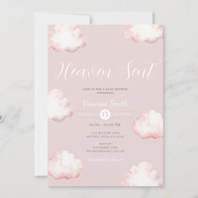  Heaven Sent Pink Cloud Baby Shower Invite (Front)