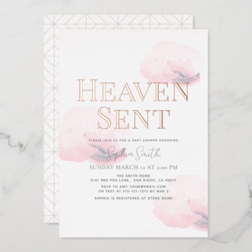 Heaven Sent Pink Cloud Girl Baby Shower Foil Invitation