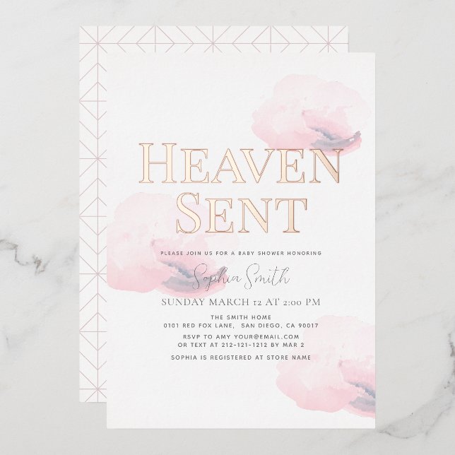 Heaven Sent Pink Cloud Girl Baby Shower Foil Invitation (Front/Back)