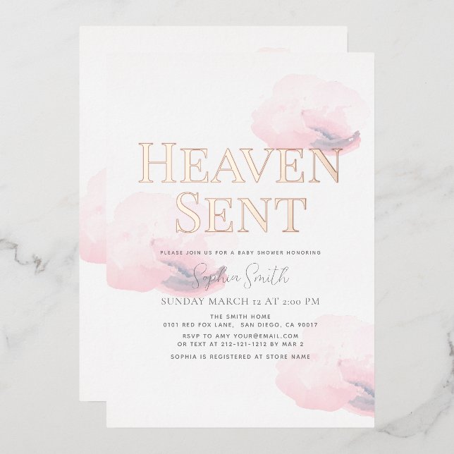 Heaven Sent Pink Cloud Girl Baby Shower Foil Invitation (Front/Back)