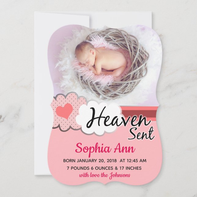 Heaven Sent Pink Clouds Photo Birth Announcement (Front)