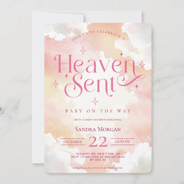 Heaven Sent Pink Custom Angelic Clouds Baby Shower Invitation (Front)