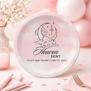  Heaven Sent Pink Moon Stars Baby Shower Paper Plates