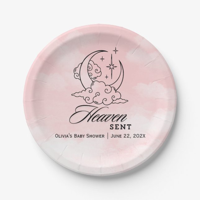  Heaven Sent Pink Moon Stars Baby Shower Paper Plates (Front)