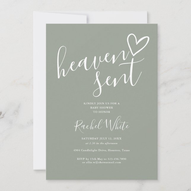 Heaven Sent Sage Green All In One Baby Shower Invitation (Front)