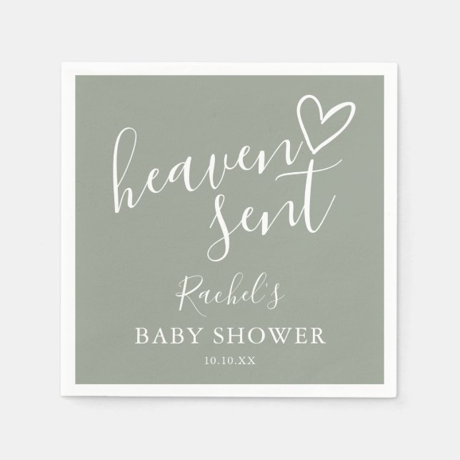 Heaven Sent Sage Green Gender Neutral Baby Shower Napkins (Front)