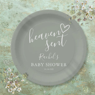 Heaven Sent Sage Green Gender Neutral Baby Shower Paper Plates