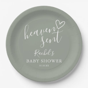 Heaven Sent Sage Green Gender Neutral Baby Shower Paper Plates