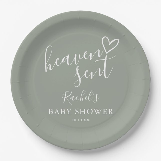 Heaven Sent Sage Green Gender Neutral Baby Shower Paper Plates (Front)