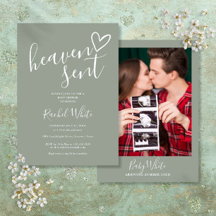 Heaven Sent Sage Green Photo Neutral Baby Shower Invitation