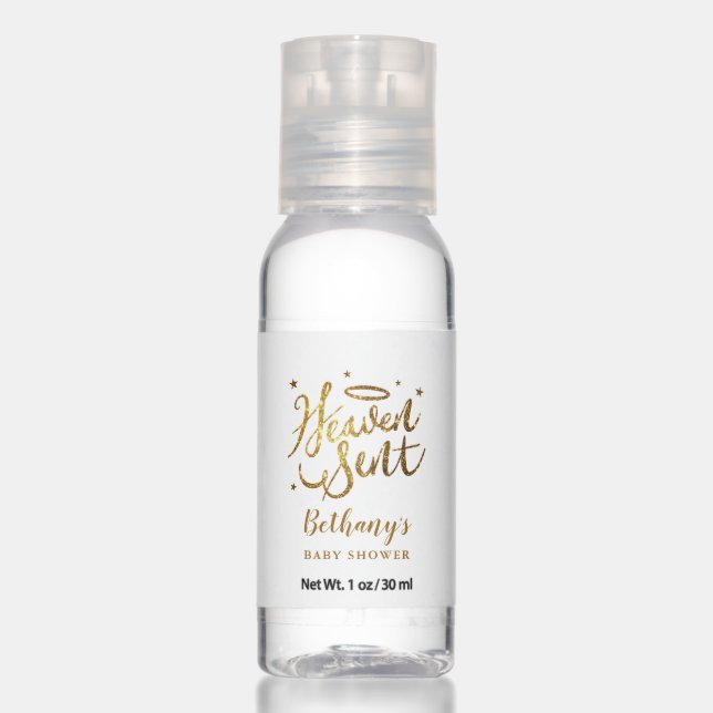 Heaven Sent Typography Gold Baby Shower Hand Sanitizer (Front)