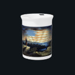 Heavenly American Flag in Sky, Zouave Civil War Beverage Pitcher<br><div class="desc">The smoke of battle had cleared, leaving behind a landscape scarred by conflict. Yet, as the sun began to rise, casting its golden rays upon the war-torn terrain, a different kind of beauty emerged. The Zouave, weary from the day's ordeal, found solace in the serene vista that stretched before him....</div>